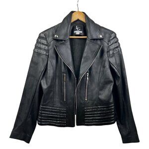 Lena Gabrielle Moto Jacket Womens 14P Blk Faux Leather Shimmer Trim Grunge Glam
